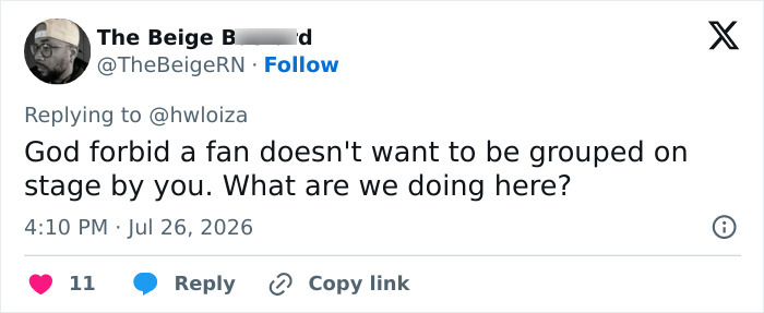 A Twitter post from @TheBeigeRN commenting on a woman's awkward reaction to Usher on stage.