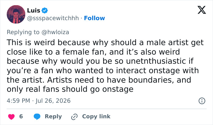 A social media post discussing the woman's awkward reaction to Usher's seductive moves on stage.