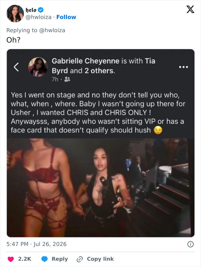 A Twitter post from @hwloiza with a screenshot of a Facebook post from Gabrielle Cheyenne about her experience on stage with Usher.