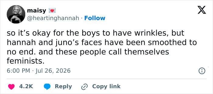 Tweet by Maisy about beauty standards and heavy photoshop in TV show posters, criticizing smoothed faces.