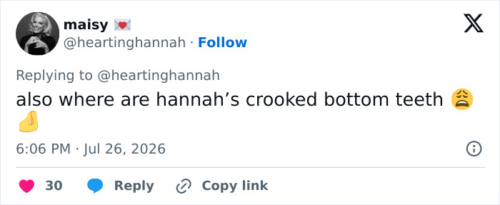 Screenshot of a tweet by maisy calling out Photoshop use for beauty standards in a TV show poster.