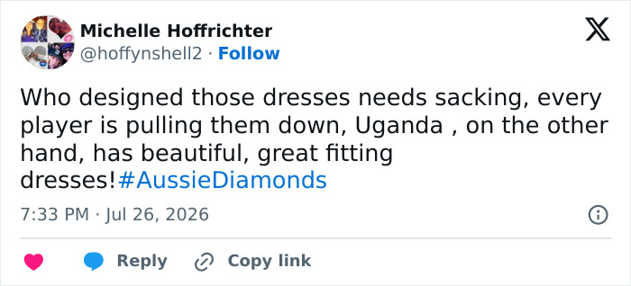 A tweet from Michelle Hoffrichter about wardrobe malfunction of female athletes during a match, calling out the dress designers.