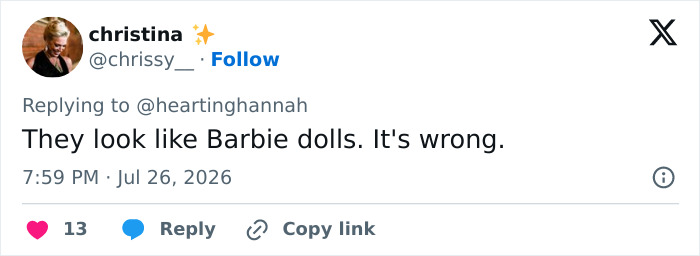 Screenshot of a tweet by christina saying the heavily Photoshopped subjects look like Barbie dolls.