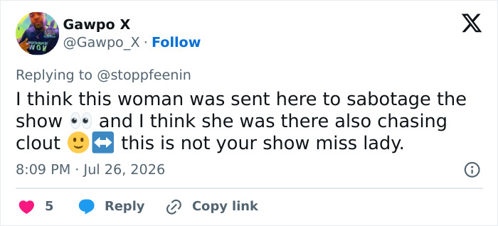 A social media post about a woman's awkward reaction to Usher's seductive moves and being booted off stage.