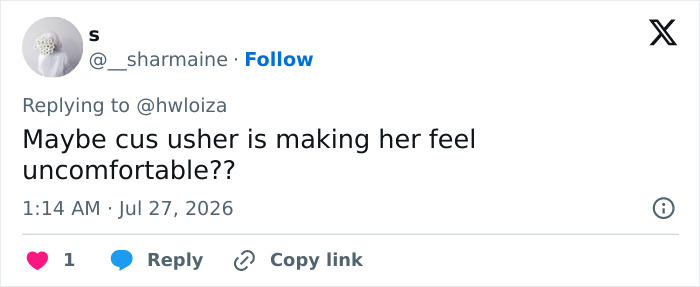 A Twitter post from @__sharmaine suggesting Usher might be making the woman uncomfortable on stage.
