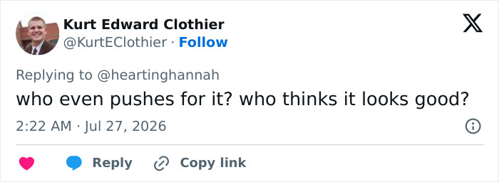 A screenshot of a tweet from Kurt Edward Clothier asking, who even pushes for beauty standards and heavy Photoshop? 