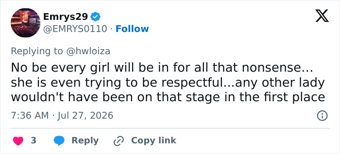 A social media post about the woman's awkward reaction to Usher's seductive moves and being booted off stage.