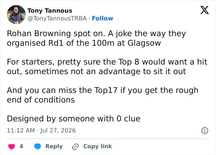 A tweet about sprint star Rohan Browning and the controversial rules of the 100m race at Glasgow.
