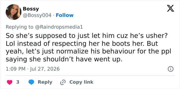 A social media post discussing the woman booted off stage by Usher and his seductive moves.