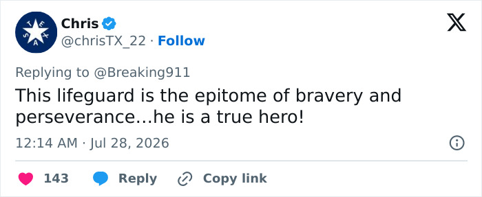 Social media comment calling the 16-year-old lifeguard a true hero for his heroic ocean rescue. Social media comment calling the 16-year-old lifeguard a true hero for his heroic ocean rescue.