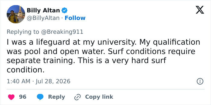 A social media post discussing the difficult surf conditions during the heroic ocean rescue by the 16-year-old lifeguard. A social media post discussing the difficult surf conditions during the heroic ocean rescue by the 16-year-old lifeguard.