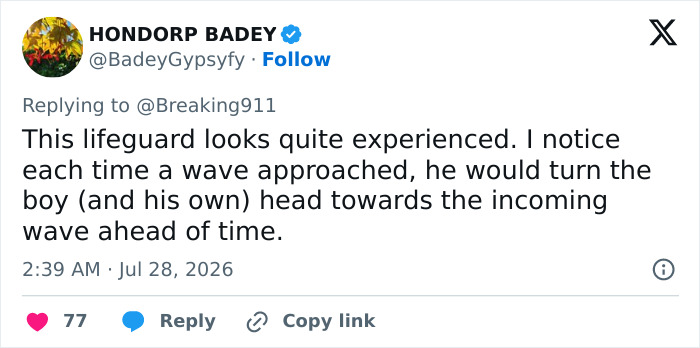 A social media post describing the experienced technique of the 16-year-old lifeguard during the ocean rescue. A social media post describing the experienced technique of the 16-year-old lifeguard during the ocean rescue.