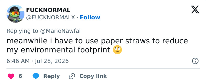 A tweet by FUCKNORMAL comparing their need for paper straws to Katy Perry's bizarre stunt.