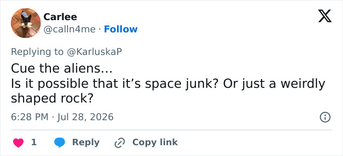 Tweet by Carlee discussing the mystery object in NASA's Mars photo, questioning if it's space junk or a rock. Tweet by Carlee discussing the mystery object in NASA's Mars photo, questioning if it's space junk or a rock.