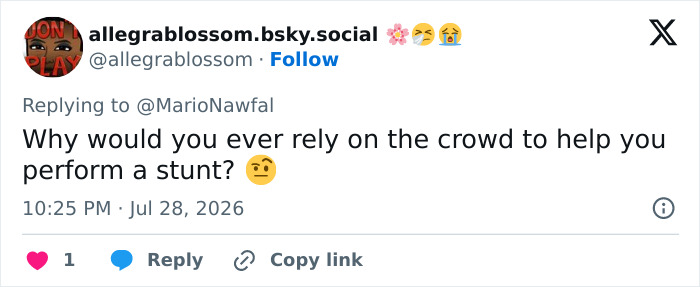 A tweet by allegrablossom.bsky.social questioning reliance on the crowd for Katy Perry's bizarre stunt.