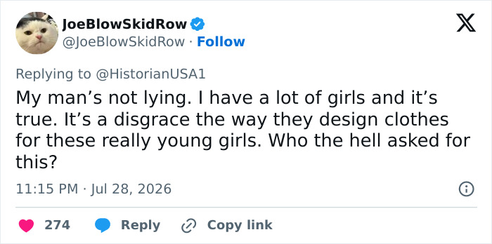 A social media comment from JoeBlowSkidRow, agreeing with the heated debate on appropriate clothes for little girls. A social media comment from JoeBlowSkidRow, agreeing with the heated debate on appropriate clothes for little girls.