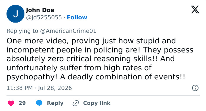 A tweet from John Doe criticizing policing in a doxxing and swatting prank incident, mentioning incompetence. A tweet from John Doe criticizing policing in a doxxing and swatting prank incident, mentioning incompetence.