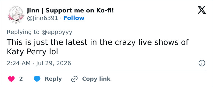 Twitter screenshot commenting on Katy Perry's crazy live shows, referencing the bottle stunt.