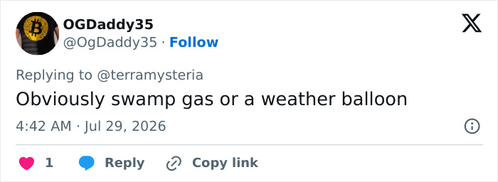 A tweet by OGDaddy35 suggesting the mystery object in NASA's Mars photo is swamp gas or a weather balloon, part of the life on Mars theory. A tweet by OGDaddy35 suggesting the mystery object in NASA's Mars photo is swamp gas or a weather balloon, part of the life on Mars theory.