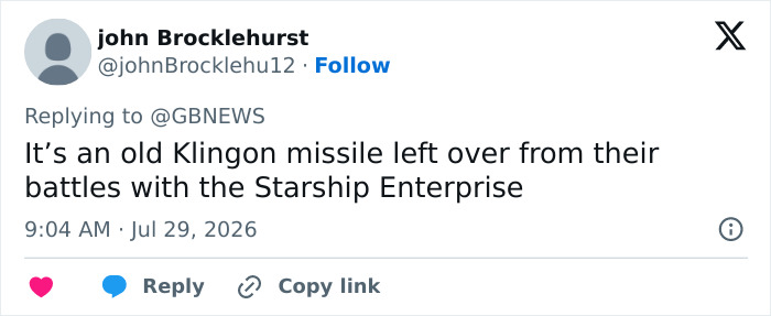 Tweet by john Brocklehurst speculating the mystery object in NASA's Mars photo is a Klingon missile. Tweet by john Brocklehurst speculating the mystery object in NASA's Mars photo is a Klingon missile.