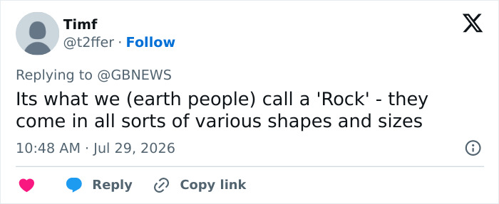 A tweet by Timf suggesting the mystery object in NASA's Mars photo is just a rock, commenting on theories about life on Mars. A tweet by Timf suggesting the mystery object in NASA's Mars photo is just a rock, commenting on theories about life on Mars.