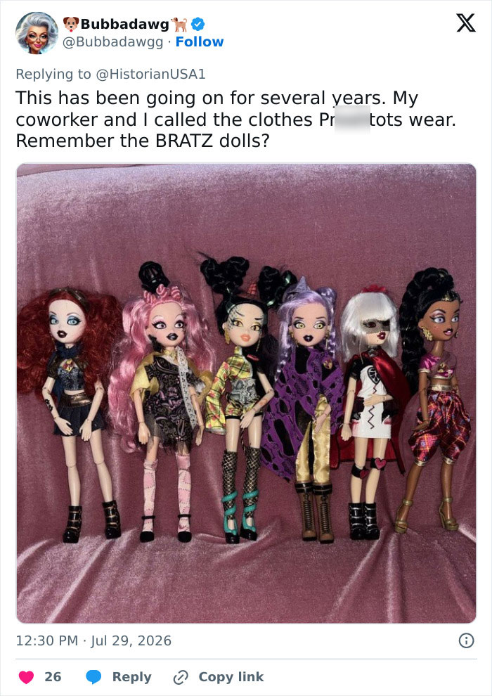 Image of Bratz dolls on a pink velvet background, illustrating the debate about appropriate clothes for little girls. Image of Bratz dolls on a pink velvet background, illustrating the debate about appropriate clothes for little girls.