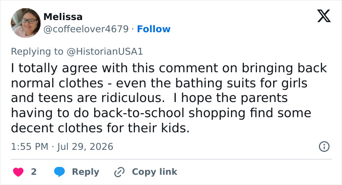A tweet advocates for normal and decent clothes for girls and teens for back-to-school shopping, sparking heated debate. A tweet advocates for normal and decent clothes for girls and teens for back-to-school shopping, sparking heated debate.