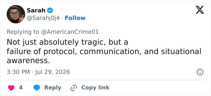 Social media post by Sarah commenting on a tragic incident as a failure of protocol, referencing a swatting prank. Social media post by Sarah commenting on a tragic incident as a failure of protocol, referencing a swatting prank.