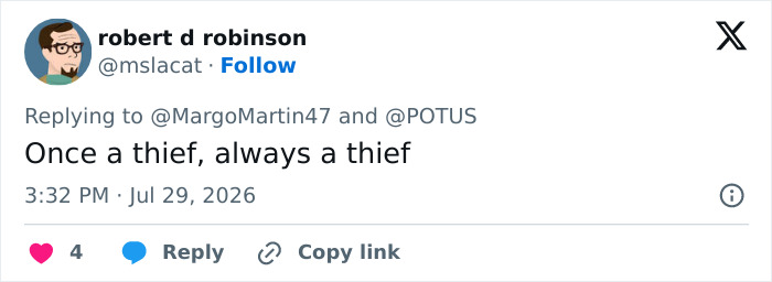 A tweet by robert d robinson, @mslacat, stating, Once a thief, always a thief, related to Kindergartener Trump. A tweet by robert d robinson, @mslacat, stating, Once a thief, always a thief, related to Kindergartener Trump.