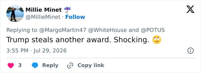 Screenshot of a tweet from Millie Minet about Kindergartener Trump trying to steal an award. Screenshot of a tweet from Millie Minet about Kindergartener Trump trying to steal an award.