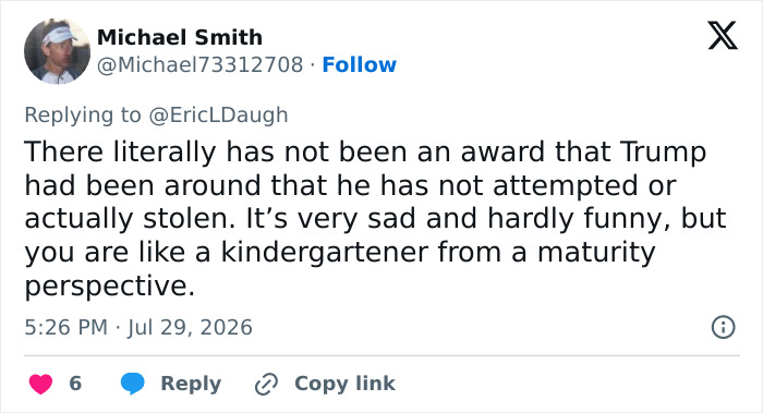 Screenshot of a tweet likening Kindergartener Trump's actions to a kindergartener, attempting to steal awards. Screenshot of a tweet likening Kindergartener Trump's actions to a kindergartener, attempting to steal awards.