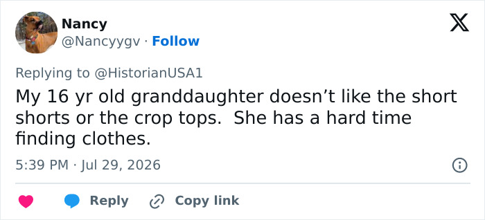 A social media comment on a debate about appropriate clothes for little girls, noting a granddaughter struggles to find clothes. A social media comment on a debate about appropriate clothes for little girls, noting a granddaughter struggles to find clothes.