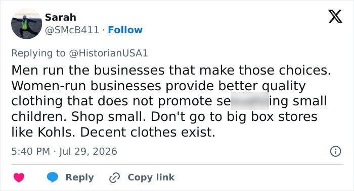 A social media comment discussing appropriate clothes for little girls, suggesting women-run businesses offer better quality. A social media comment discussing appropriate clothes for little girls, suggesting women-run businesses offer better quality.