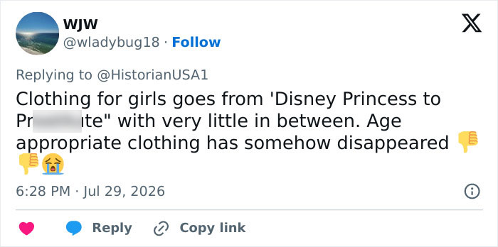 A tweet expresses concern that clothing for girls is not age-appropriate, sparking heated debate. A tweet expresses concern that clothing for girls is not age-appropriate, sparking heated debate.