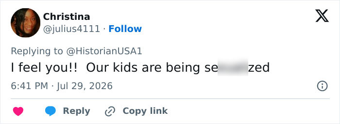 A social media comment expressing concern about appropriate clothes for little girls, stating kids are being sexualized. A social media comment expressing concern about appropriate clothes for little girls, stating kids are being sexualized.