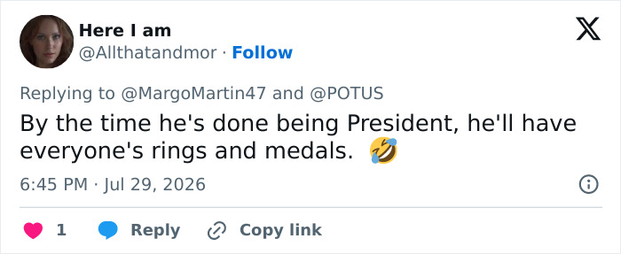 A tweet by Here I am, @Allthatandmor, about Trump trying to steal awards, saying, By the time he's done being President, he'll have everyone's rings and medals. A tweet by Here I am, @Allthatandmor, about Trump trying to steal awards, saying, By the time he's done being President, he'll have everyone's rings and medals.