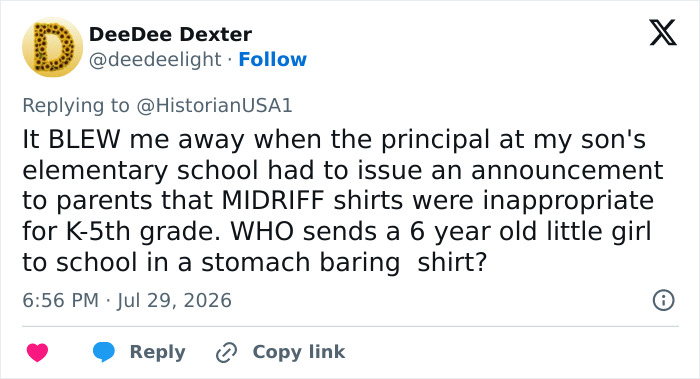 A tweet discusses the inappropriateness of midriff shirts for little girls in elementary school, sparking heated debate. A tweet discusses the inappropriateness of midriff shirts for little girls in elementary school, sparking heated debate.
