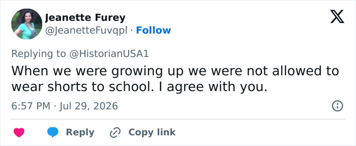 A social media comment by Jeanette Furey, supporting the debate on appropriate clothes for little girls by sharing a personal experience. A social media comment by Jeanette Furey, supporting the debate on appropriate clothes for little girls by sharing a personal experience.