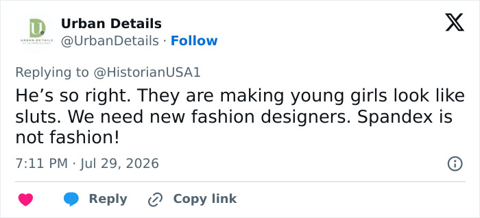 A tweet discusses how young girls clothes look like spandex and are not appropriate clothes, sparking heated debate. A tweet discusses how young girls clothes look like spandex and are not appropriate clothes, sparking heated debate.