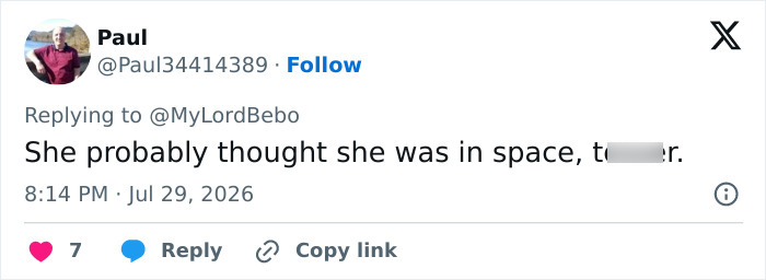 A social media comment from Paul suggesting Katy Perry was in space during the bottle stunt.