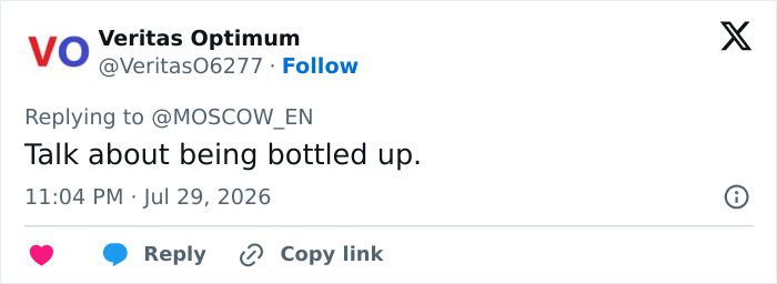 A social media comment from Veritas Optimum referring to being bottled up regarding Katy Perry's stunt.
