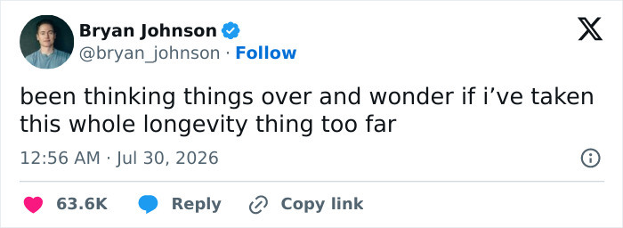 Screenshot of a tweet by biohacker Bryan Johnson, questioning if he has taken the longevity concept too far, regarding cloning. Screenshot of a tweet by biohacker Bryan Johnson, questioning if he has taken the longevity concept too far, regarding cloning.