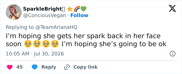 A Twitter post from 'SparkleBright' expressing concern for Ariana Grande, hoping she's going to be ok.