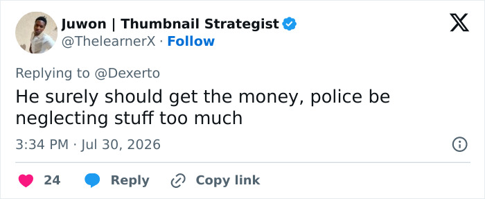 A tweet stating police negligence in a doxxing, swatting prank that caused paralysis, emphasizing the victim deserves compensation. A tweet stating police negligence in a doxxing, swatting prank that caused paralysis, emphasizing the victim deserves compensation.