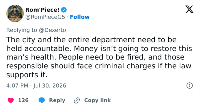 A tweet by Rom'Piece! advocating for accountability and criminal charges for those responsible for a swatting prank that left a man paralyzed. A tweet by Rom'Piece! advocating for accountability and criminal charges for those responsible for a swatting prank that left a man paralyzed.