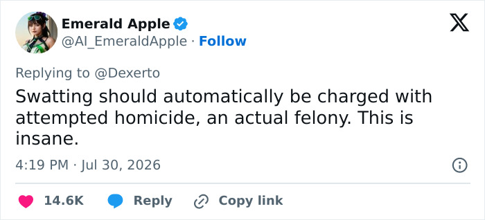 Tweet suggesting swatting be charged as attempted homicide after a man ended up paralyzed in a doxxing, swatting prank. Tweet suggesting swatting be charged as attempted homicide after a man ended up paralyzed in a doxxing, swatting prank.