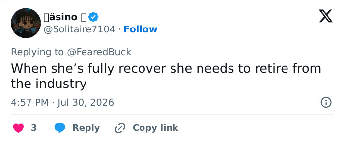 A tweet from @Solitaire7104 suggesting the adult star should retire after her health update and devastating tragedy. A tweet from @Solitaire7104 suggesting the adult star should retire after her health update and devastating tragedy.