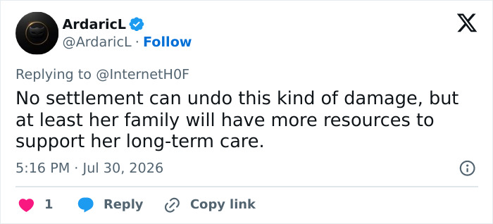 A tweet by ArdaricL discussing support for the permanently disabled adult star's mom's long-term care. A tweet by ArdaricL discussing support for the permanently disabled adult star's mom's long-term care.