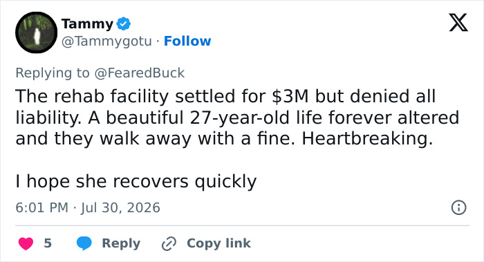 A tweet from Tammy about the adult star's health update and devastating tragedy, mentioning a $3M settlement. A tweet from Tammy about the adult star's health update and devastating tragedy, mentioning a $3M settlement.