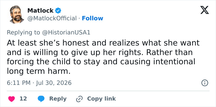 Matlock tweet supporting the young woman giving up her baby to a stranger. Matlock tweet supporting the young woman giving up her baby to a stranger.